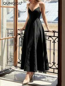 Vestido midi elegante de mujer con cuello en V, vestido de tirantes de mezcla de lino con corte evasé y espalda descubierta, adecuado para vacaciones, playa, boda, fiesta de cóctel - Negro - Ver 7