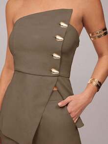 Set de 2 piezas: Top con diseño de aro asimétrico con decoración metálica + Pantalones de pierna recta, Uso elegante diario, Atuendo de oficina, Boda, Vacaciones, Cita, Fiesta, Ceremonia de graduación - Marrón 2 - Ver 3
