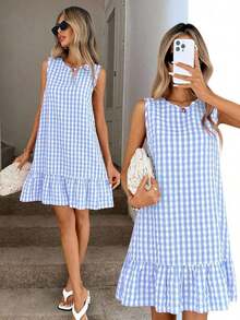 Vestido de verano estilo bohemio con cuello redondo sin mangas y corte evasé a dos colores a cuadros, vestido esencial para vacaciones y uso diario al aire libre - Azul y blanco - Ver 1