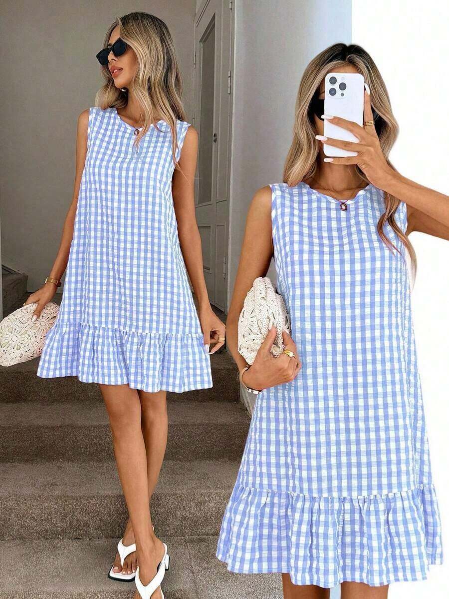 Vestido de verano estilo bohemio con cuello redondo sin mangas y corte evasé a dos colores a cuadros, vestido esencial para vacaciones y uso diario al aire libre - Azul y blanco - Ver 1