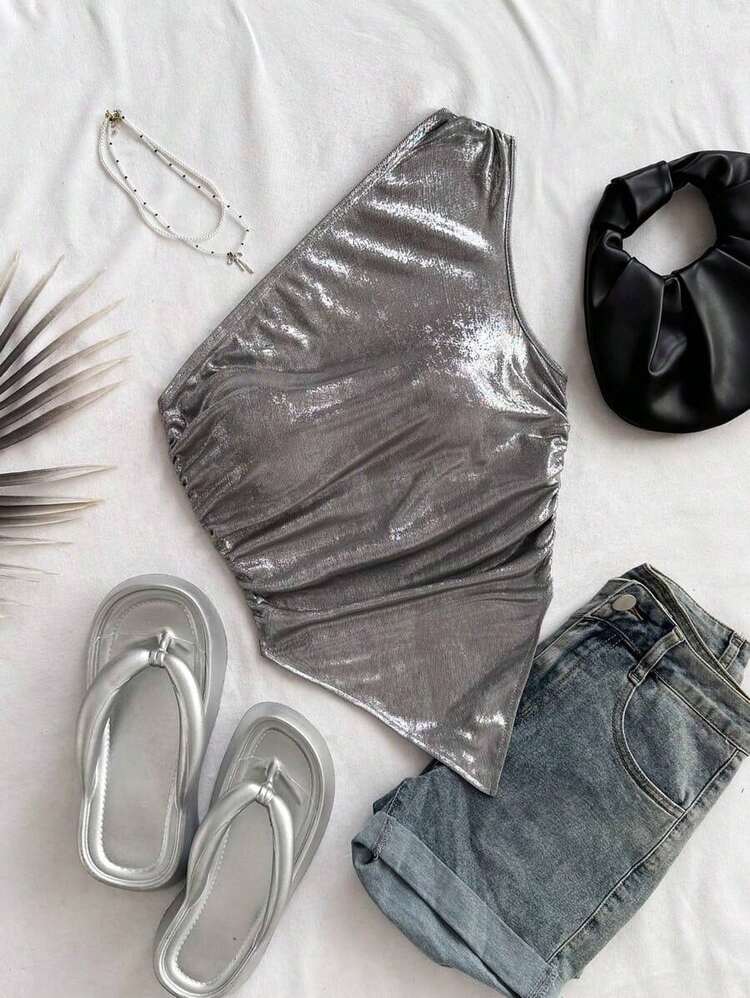 Blusa de estilo vacacional minimalista y casual con estampado floral rosa para mujer, adecuada para el verano - Plateado - Añade 9