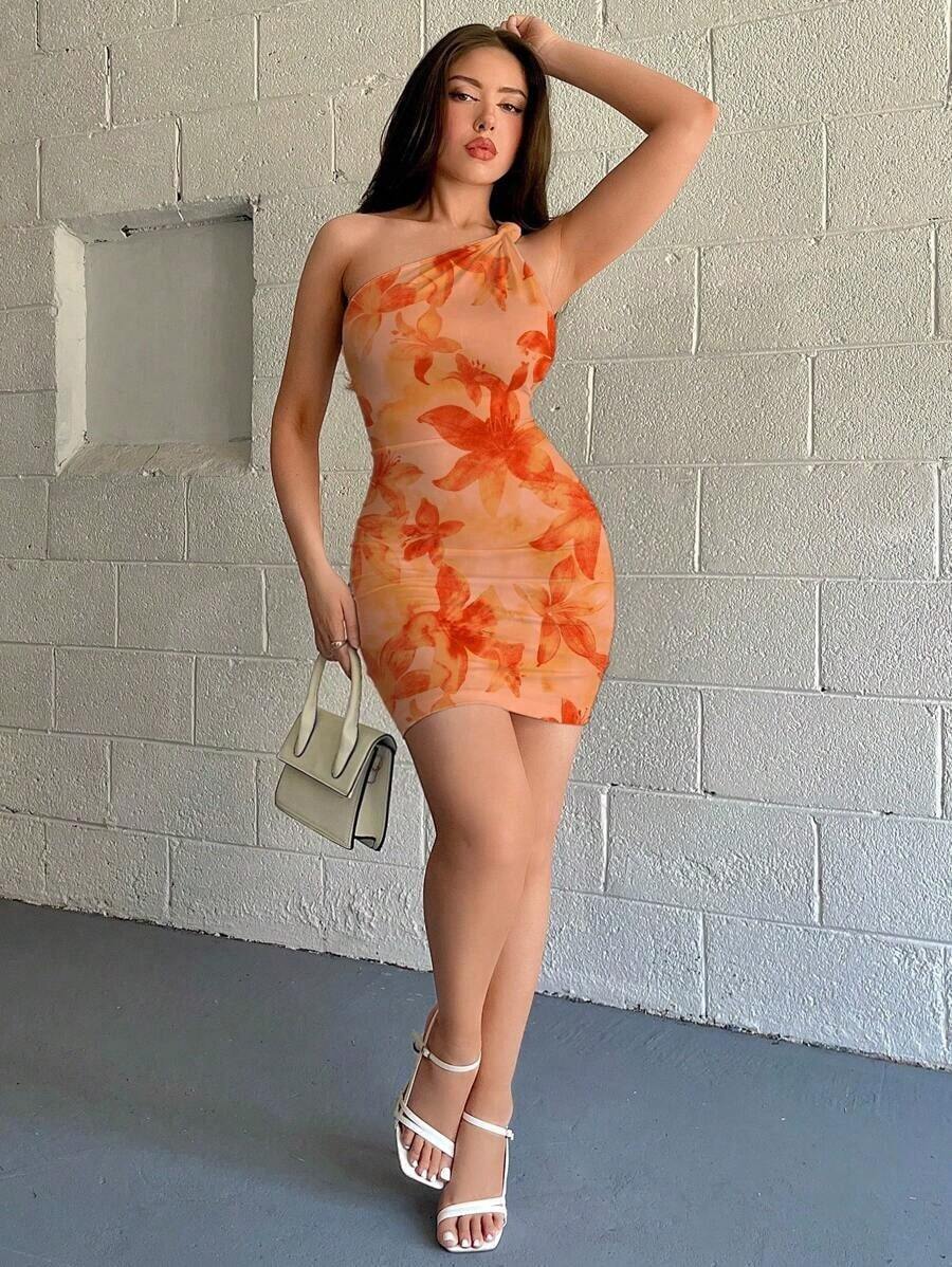 Vestido corto de Body ceñido con estampado floral minimalista, adecuado para el verano - Naranja - Ver 1
