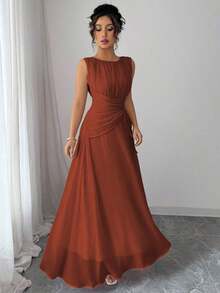 Vestido maxi casual, romántico, vintage y elegante de gasa para mujer con cordón en la cintura, para la playa, el té de la tarde, fiestas de noche, uso diario, sin mangas, de unicolor, vestido largo, primavera/verano - Óxido marrón - Ver 5