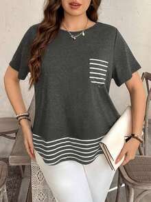Camiseta casual de talla grande con bolsillo y rayas de contraste, prenda de vestir occidental estilo boho bohemio, top de festival de los 90, verano y primavera - Gris Oscuro - Ver 3