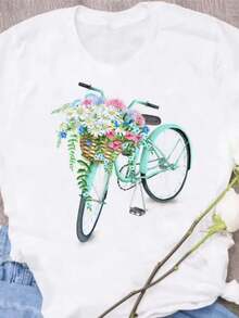 Camiseta con estampado floral de bicicleta drtidara mujer, camisetas casuales de estilo Haruku para mujer - Blanco - Ver 2