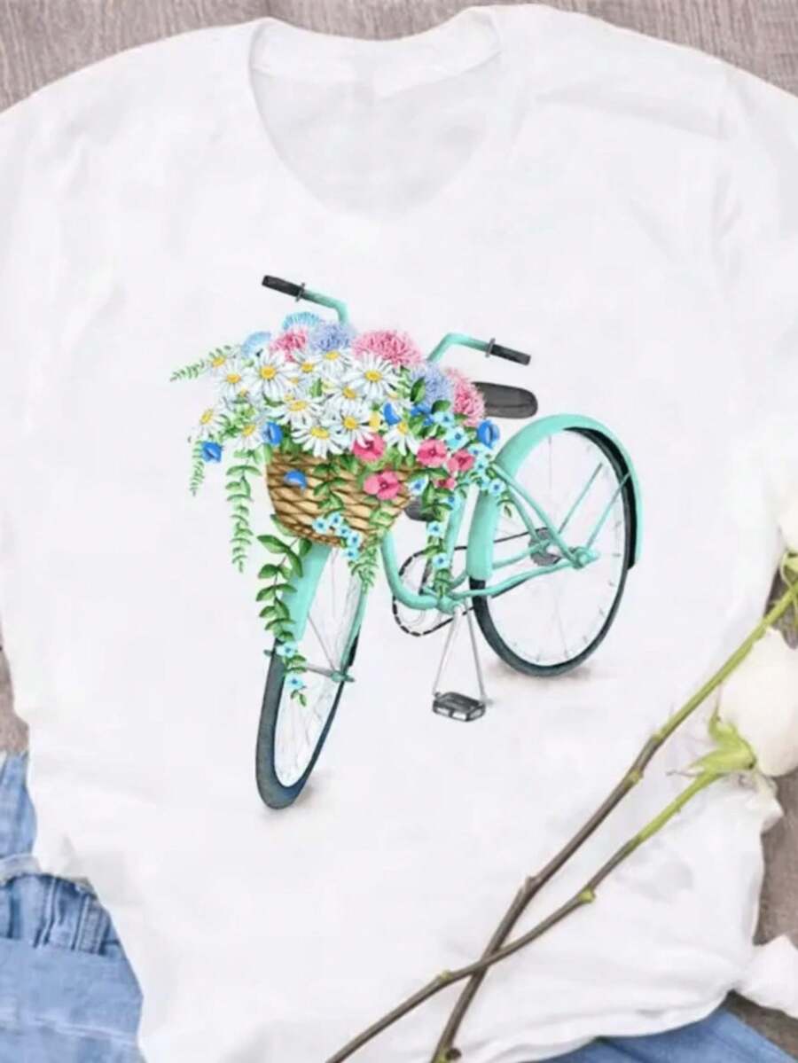 Camiseta con estampado floral de bicicleta drtidara mujer, camisetas casuales de estilo Haruku para mujer