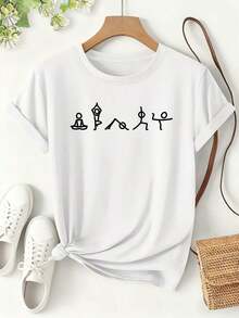 Women's Yoga T-Shirt With Yoga Pose Print - Loose Fit, Short Sleeve, Yoga Figure Design, Crew Neck, Suitable For Gym, Casual Wear And Everyday Outfits, Machine Washable, Ideal For Yoga Classes And Daily Activities, 100% Cotton - 白色 - 查看 1