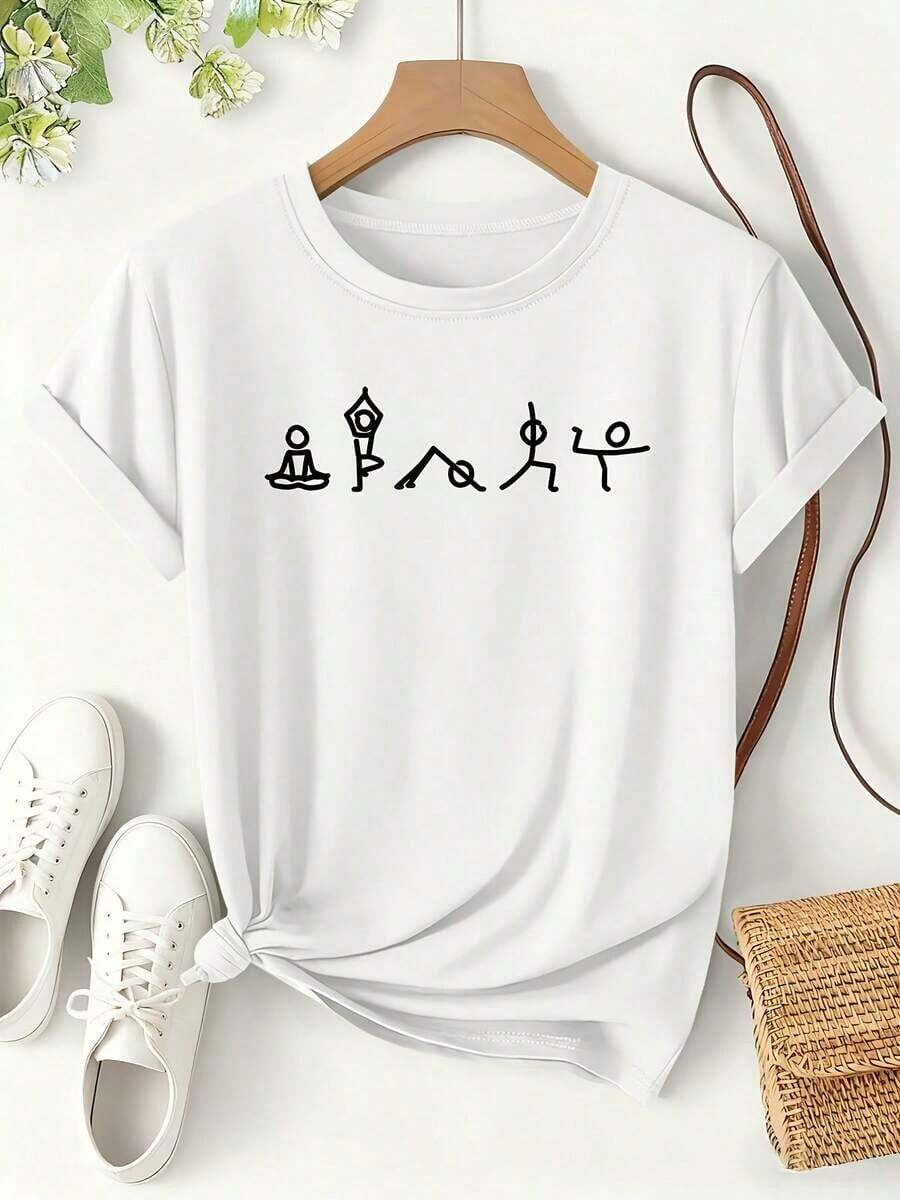 Women's Yoga T-Shirt With Yoga Pose Print - Loose Fit, Short Sleeve, Yoga Figure Design, Crew Neck, Suitable For Gym, Casual Wear And Everyday Outfits, Machine Washable, Ideal For Yoga Classes And Daily Activities, 100% Cotton - 白色 - 查看 1