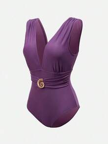 Swim Oasis Conjunto elegante de retro con estampado en espiral de un solo pieza de traje de baño coordinado con pantalón de pierna ancha, conjunto de vacaciones elegante para mujeres - Multicolor 2 - Ver 9