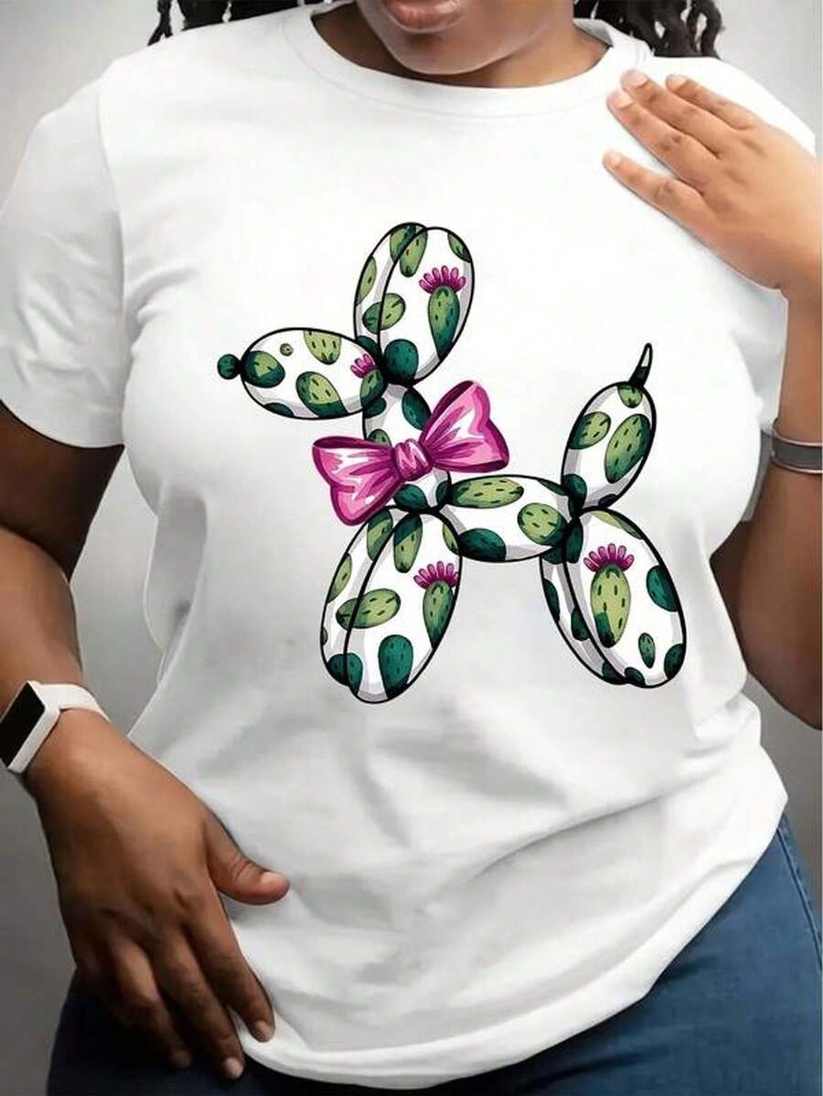 Camiseta blanca de mujer con estampado de globo de perro cactus - Parte superior casual de verano para uso diario