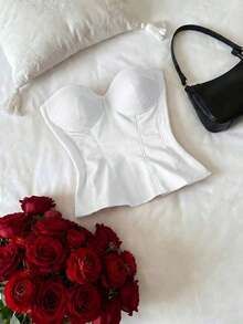 Top corto con corsé de cintura de espina de pescado, estilo sexy, tipo bandage, sin tirantes, para mujer, lindo para citas y fiestas, color negro, para verano - Blanco - Ver 4