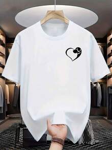 Men's Casual Crew Neck T-Shirt With Heart And Dog Prints, Made With A Slightly Stretchy Knit, Regular Fit, Letter Design, 180 Grams - Suitable For Both Teenagers And Adults, A Versatile Garment For Various Occasions Such As Christmas, Easter, Halloween, Thanksgiving, Etc. Loose And Comfortable. - White - View 6