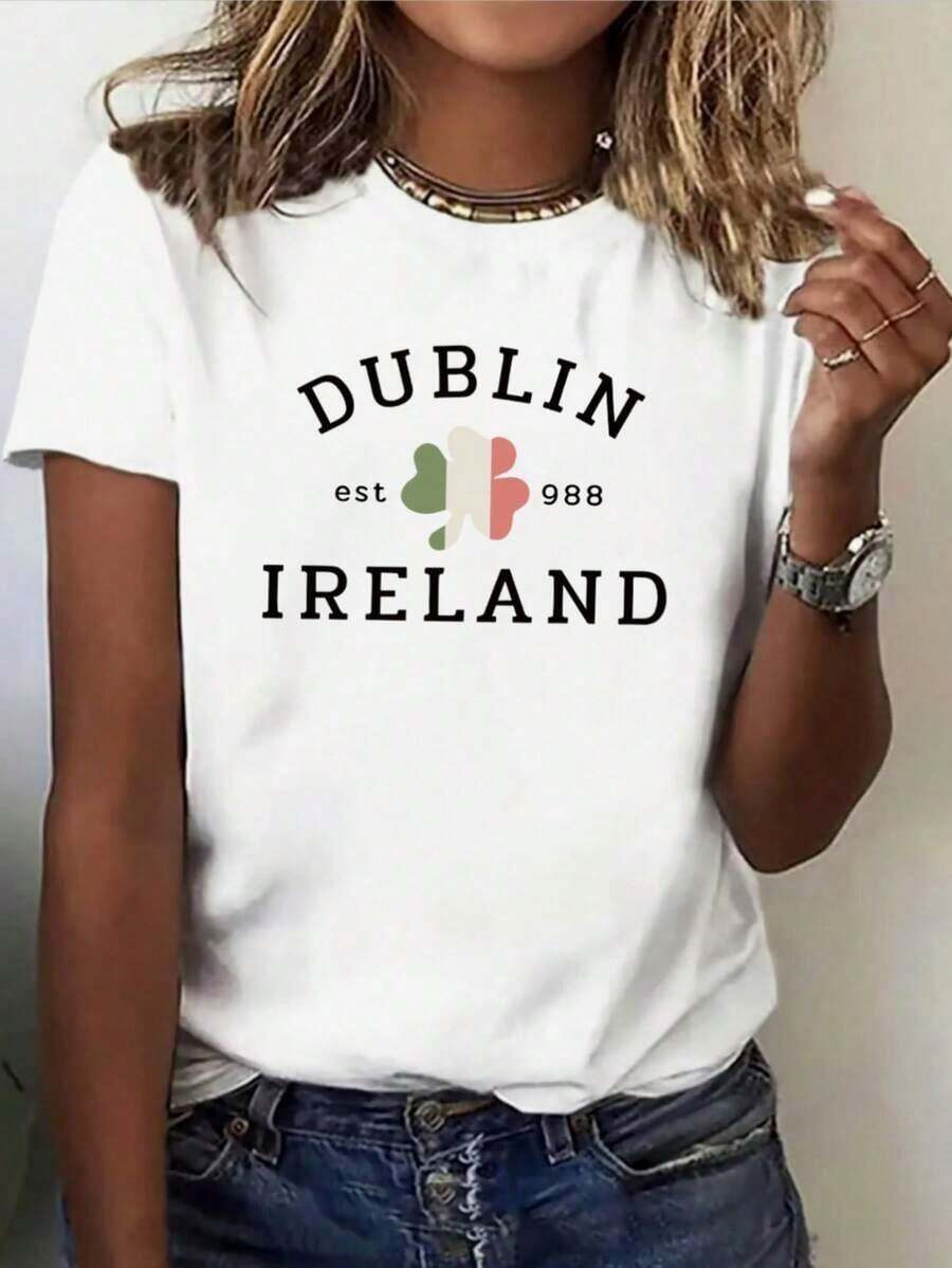 Women's Graphic T-Shirt From Dublin, Ireland - Casual Short Sleeve Crew Neck T-Shirt, Soft Pink With Green Shamrock Design, Comfortable For Casual Outfits, Ladies T-Shirts Suitable For Spring, Summer And Autumn. - 白色 - 查看 1