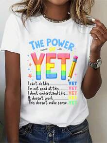 Elegant Daily Top Is A Spring/Summer Garment For Plus-Size Women, Featuring A T-Shirt Design With The YET Rainbow And YET Pencil Print, Round Neck, Short Sleeves, A Casual And Elegant Top, Ideal For Parties, Loose Fit, Holiday Gift, Fun Design, Suitable For Daily Wear, Home Wear, Chic Fashion T-Shirt. - 白色 - 查看 8