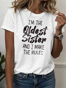 Elegante Camiseta Casual Deportiva para Mujer, Cuello Redondo, con la Frase "SOY LA HERMANA MAYOR Y ESTABLEZCO LAS REGLAS", Autoridad de Hermana Mayor, Ropa Familiar, Casual para Fiestas, Temática del Día de la Hermana, Texto de Declaración de Reglas, Hermana, Liderazgo, Camiseta Cómoda para Todas las Temporadas, Camiseta Chic y a la Moda - Blanco - Ver 7