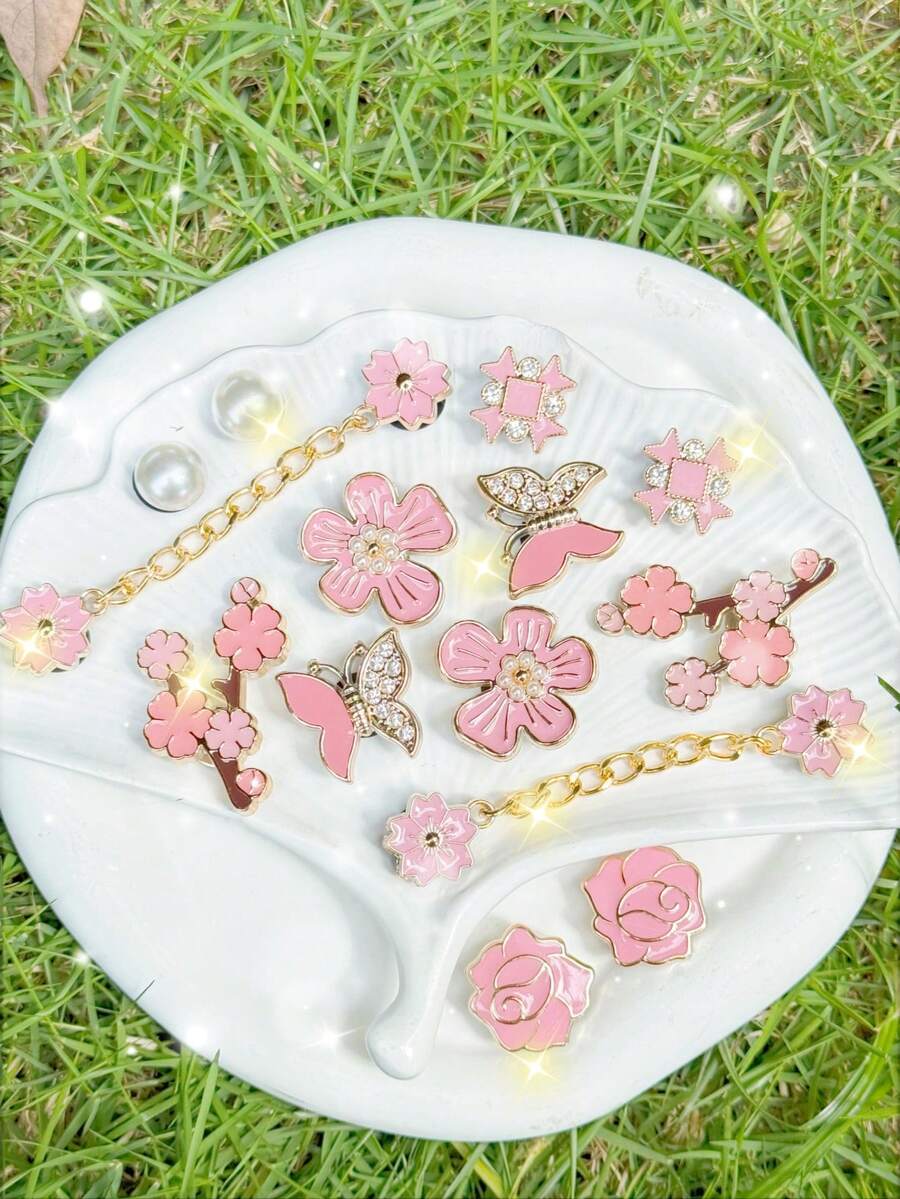 14pcs Soft Multicolor Resin Shoe Decorations, With Detachable Flower, Chain, Butterfly, Floral Branch, Beads And Ornaments - DIY Shoe Accessories, Suitable For Sandals, Slippers, Boots - Perfect For Easter, Birthday, Valentine's Day, Mother's Day, Halloween Gifts - Vibrant Gold, Pink And Various Colors With Rhinestone Design - For Women, Shiny Shoe Clips, Shoe Charms, Shoe Studs And Jewelry - Multicolor - View 1