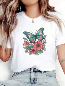Camiseta Elegante de Mujer con Estampado de Mariposas y Flores Estilo Vintage, Top para Paseo por el Jardín, Estilo Fresco y Romántico, Manga Corta, Camiseta con Estilo Casual, Prenda Básica del Armario - Blanco - Ver 8