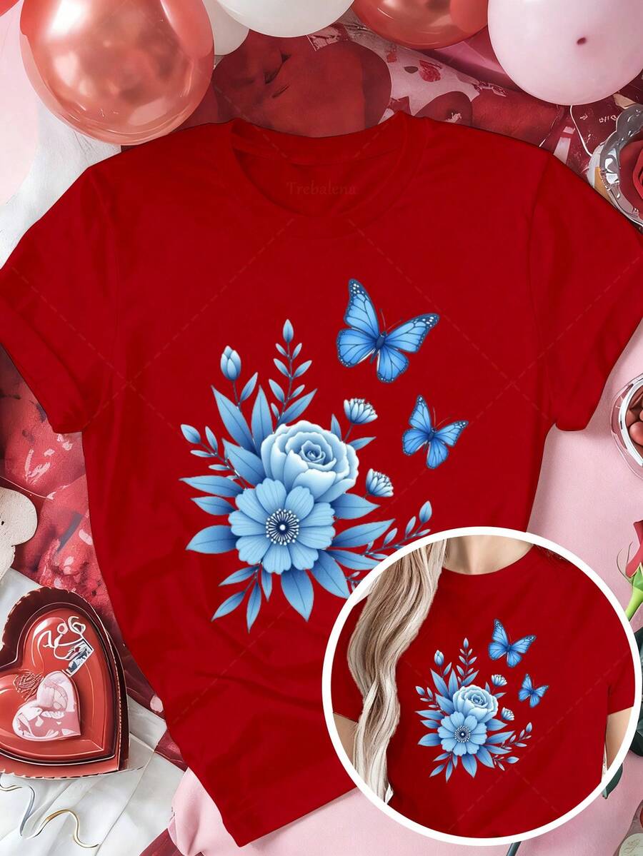 Classic Plus Size - Red T-Shirt, Suitable For Plus-Size Women, With A Blue Floral And Butterfly Design, Perfect For A Romantic Valentine's Day Look. This Short-Sleeved, Crew-Neck T-Shirt Is An Ideal Choice For Summer And Fall. A Bestseller. - 紅色 - 查看 1