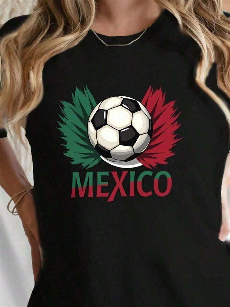 playeras de algodón mujer 1pscCamiseta unisex de algodón puro con patrón de fútbol mexicano, para hombres y mujeres. Deportiva casual de manga corta y cuello redondo, color negro, diseño del equipo nacional de México. Tela transpirable y elástica, adecuada para días de partido.100%cotton ropa de mujer Daily home top - Negro - Ver 1