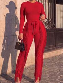 CALEBGAR Women's Sexy Two Piece Outfits Long Sleeve Fringe Pants Set Clubwear Going Out Birthday Party Night Outfits - Đỏ - Xem 3
