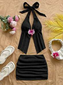 x Eduarda Gutierrez  Set de 2 piezas con top de cuello de halter con decoración floral teñida anudada y falda plisada para mujer 0P0N - Negro - Ver 3