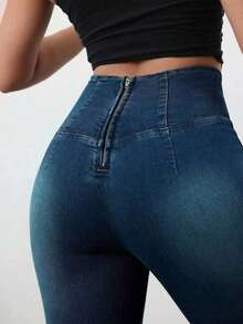 Tall Pantalones vaqueros casuales de mujer, pantalones acampanados de cintura alta con estiramiento, de cintura cruzada, color azul - Azul lavado oscuro - Ver 4