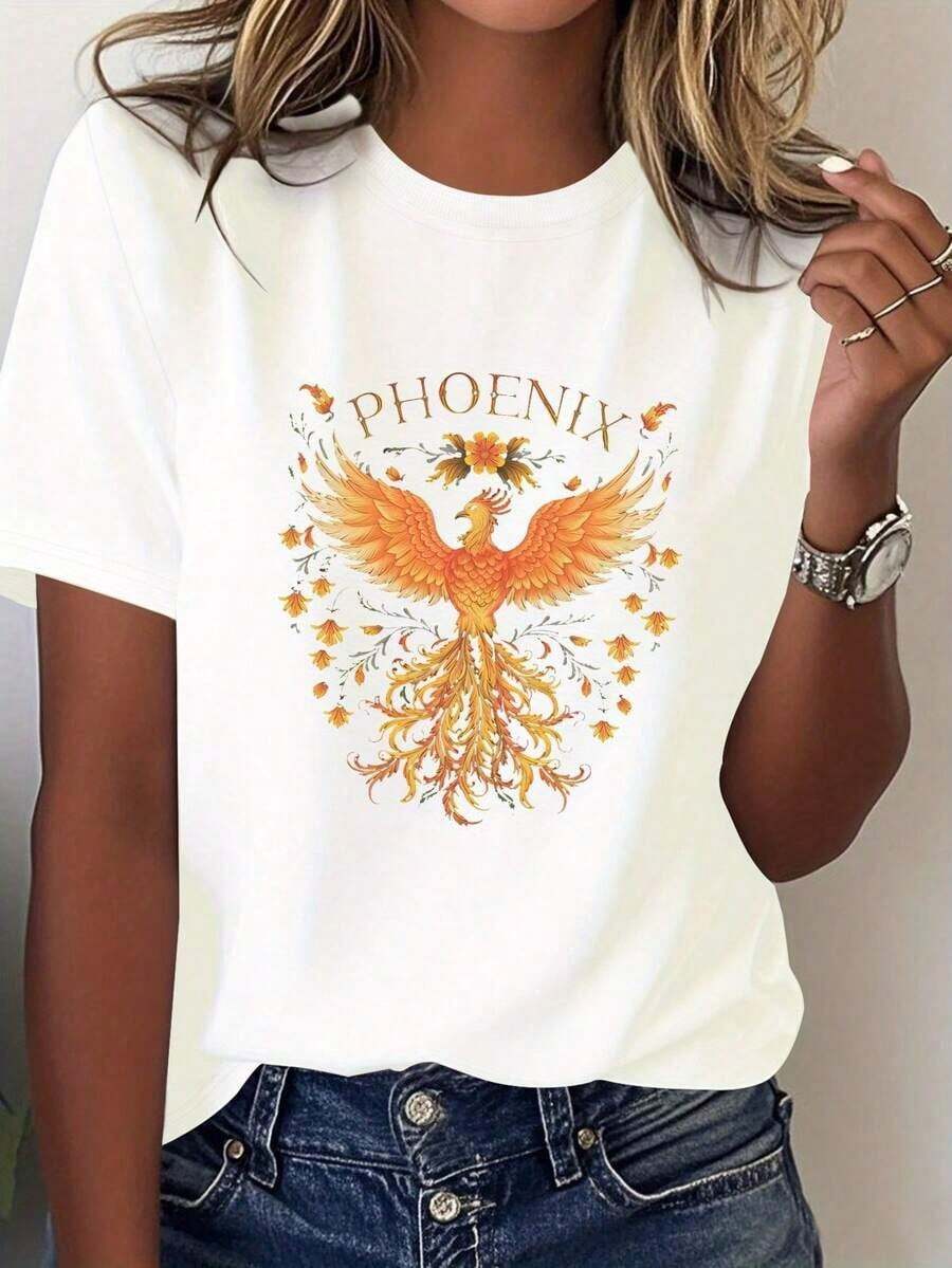 Summer Phoenix Print T-Shirts, Floral Design, Women's 100% Cotton T-Shirt, Comfortable Fit. Fashionable All-Match Women's Short Sleeve T-Shirt, Basic Style For Inner & Outerwear - 白色的 - 查看 1