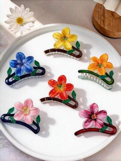 6pcs Women's Summer Vacation Style Faux Plumeria Hair Clips, Suitable For Beach Vacation, Outings With Friends, And Daily Use