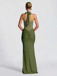 Spring Party Dress In Pink: Thin Straps, Open Back, Fitted Waist And High Slit With Mesh Details – Ideal For Holidays - 橄欖綠 - 查看 2