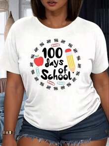 1pc Teacher T-Shirt For 100 Days Of School With Apple Pencil And Paper Clips Design, Celebration Gift For Teachers And Students, Party Wear, 220g, 100% Cotton, Women's Warm Clothing - 白色 - 查看 7