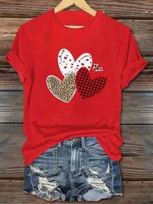 1 Piece Of  Clothing With A Heart Print, European And American Style, Polyester Fiber, Machine Washable, Casual Loose Fit, Suitable For Daily Wear, Casual Short-Sleeved T-Shirt With A Round Neck, 100% Cotton. Women's Warm Clothing - 紅色 - 查看 7