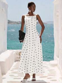 Tela con estampado de lunares, vestido maxi con falda acampanada de diseño elegante, sin mangas, vestido de tirantes finos con base blanca y lunares negros, escote cuadrado, tirantes delgados, corpiño ajustado, falda fluida y relajada, de longitud media, tela de gasa ligera, estilo retro de lunares, ropa casual de verano, adecuado para salidas diarias o vacaciones, estilizador y alargador, vibra elegante minimalista, material cómodo, ideal para vacaciones y salidas - Blanco y Negro - Ver 3