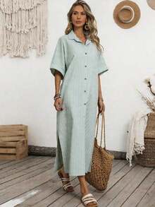 Holidaya Vestido casual de verano de algodón y lino con botones delanteros a rayas para mujer - Verde - Ver 7