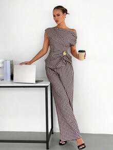 Conjunto informal de top con hombros fruncidos y decoración metálica, y pantalones de mujer de unicolor - Marrón 2 - Ver 4