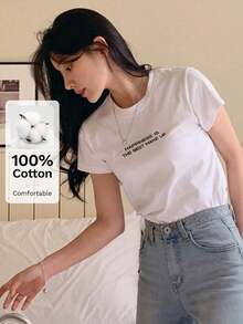 Camiseta de manga corta de verano con cuello redondo y estampado de  para mujer, con el eslogan "LA FELICIDAD ES EL MEJOR MAQUILLAJE". - Blanco - Ver 9