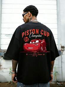 Men's Disney Cars Lightning McQueen Tee, Retro Piston Cup Print, Loose Fit, Casual Streetwear. - 黑色 - 查看 1