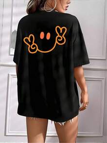 PremiumBreak The SystemOrange Smile, Novedad de Verano, Camiseta Pura para Mujer, Estampado en la Espalda, Top de Manga Corta, Cuello Redondo, Casual, Talla S, Moda, Transpirable, Para el Hogar, Uso Diario, Camiseta de Cuello Redondo de Corte Holgado, Ecológica - Negro - Ver 1