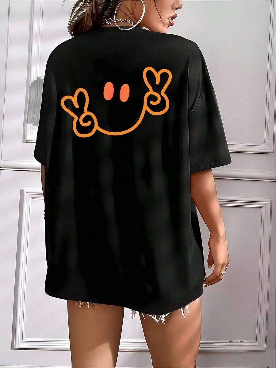 PremiumBreak The SystemOrange Smile, Novedad de Verano, Camiseta Pura para Mujer, Estampado en la Espalda, Top de Manga Corta, Cuello Redondo, Casual, Talla S, Moda, Transpirable, Para el Hogar, Uso Diario, Camiseta de Cuello Redondo de Corte Holgado, Ecológica - Negro - Ver 1