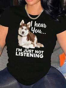 Camiseta de manga corta con cuello redondo para mujer, talla grande, con estampado creativo de husky inglés, estilo casual deportivo, cómoda para el verano y vacaciones. Corte holgado, transpirable, ligera, casual, estilo Y2K, streetwear, boho, vintage, minimalista, estilo farmhouse, athleisure, verano, 100% algodón. - Negro - Ver 7