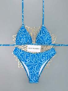 Conjunto de bikini de 2 piezas con tirantes finos, cuello halter, base negra, lunares blancos y estampado aleatorio dulce y lindo con corte alto en los laterales para mujer, primavera/verano 2026 - Multicolor 8 - Ver 2