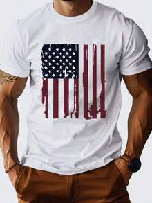 1 pieza de camiseta casual de manga corta con cuello redondo y estampado de la bandera de EE.UU.para hombre, 180 g, 100% algodón. - Blanco - Ver 1
