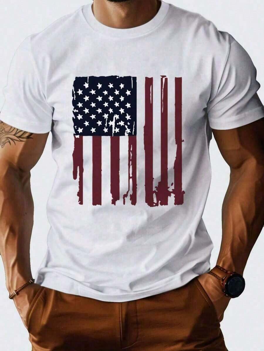 1 pieza de camiseta casual de manga corta con cuello redondo y estampado de la bandera de EE.UU.para hombre, 180 g, 100% algodón. - Blanco - Ver 1