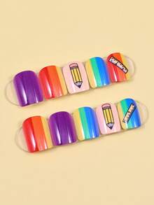 Back To School Press On Nails - Cute Rainbow Ombre Short Square Fake Nails With Pencil & Ruler Print, Colorful Gradient Acrylic False Nails For Students, Teachers, Daily Wear 24Pcs - Multicolor - View 2
