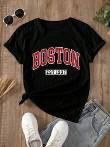 Camiseta de manga corta con estampado de letra para mujer, blusas gráficas para mujer - Negro - Ver 1