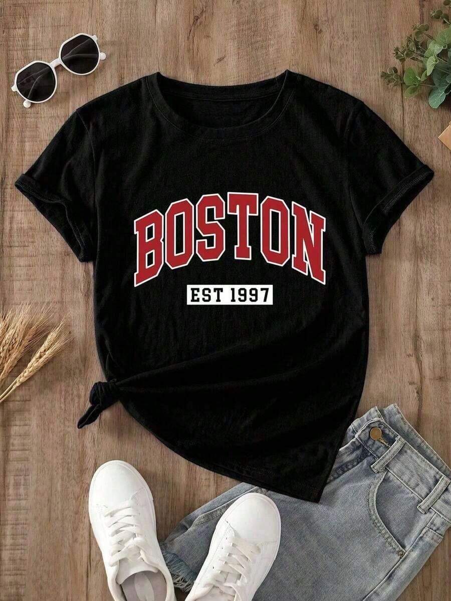 Camiseta de manga corta con estampado de letra para mujer, blusas gráficas para mujer - Negro - Ver 1