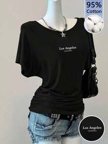 Camiseta casual de color marrón sólido para mujer, adecuada para primavera/verano - Negro 5 - Ver 10