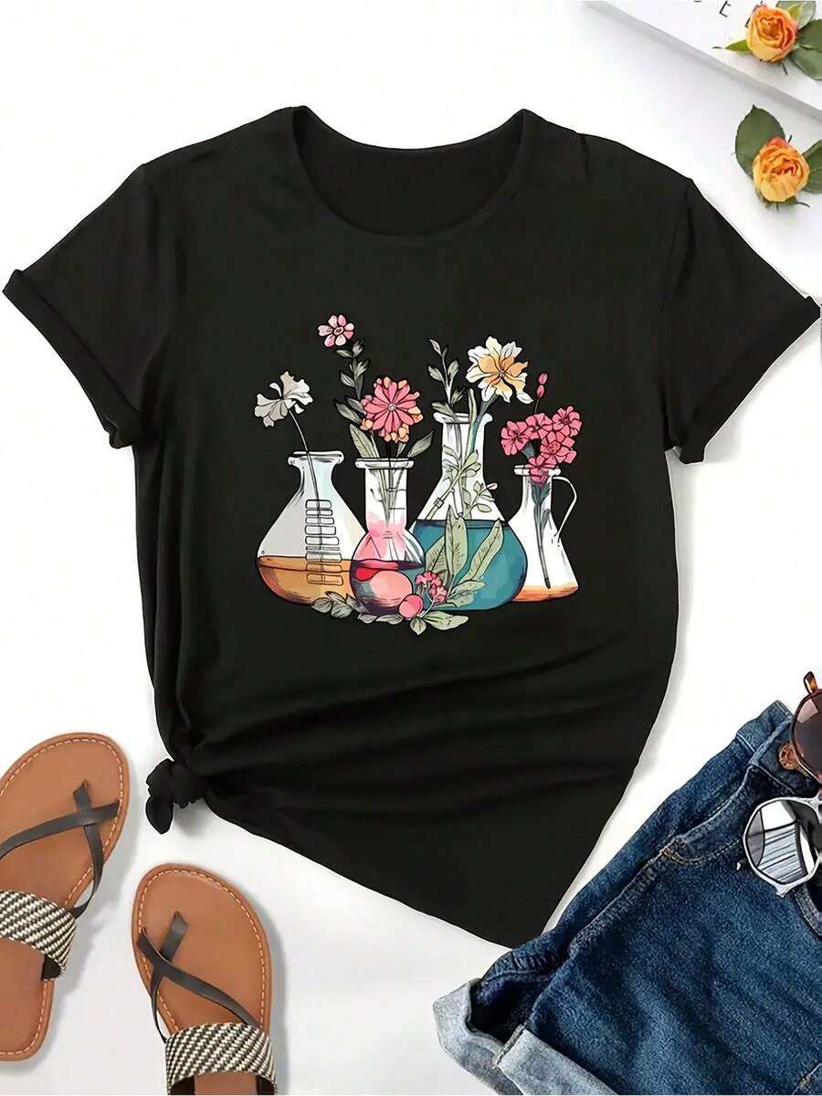La camiseta de cuello redondo con estampado floral de Experi Tal Bottle es lavable a máquina, perfectara cualquier tempor, y cuenta con un corte regular. Esta camiseta casual de manga corta y ligera está diseñ para el uso diario para mujeres (corte hoado; por favor, revise el tabla de tallas).