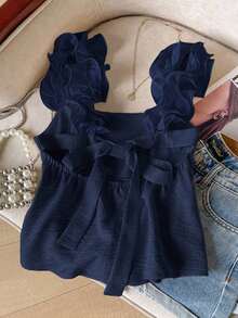 Frenchy Camiseta de tirantes de mujer con volantes de unicolor y parches, con detalle de nudo en la espalda - Azul marino - Ver 6