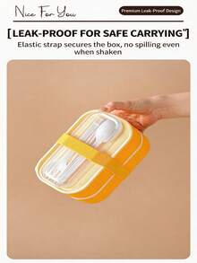 niceforyou 650ml Double-Layer Microwave Bento Box With Lid, PP Material, Macaron Cream Style, Yellow & White Color, With Shoulder Strap And Built-In Utensils, Transparent Window, Leak-Proof And Easy To Clean, Suitable For Office, Student Meal Prep And Outdoor Picnic - Multicolor - View 6