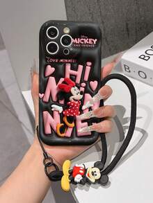 Disney Minnie Mouse Phone Case With Minnie Charm And Lanyard - Cute Minnie Protective Case With Large "Hi Minnie" Lettering And Black Background Design, Equipped With Delicate Minnie Decorative Lanyard And Beaded Bracelet For Easy Carrying, Compatible With IPhone 17, 16, 15, 14, 13, 12, 11 Pro Series, Ideal For Birthdays, Holidays, Anniversaries, Graduation Gifts, Or Any Special Occasion To Surprise Family, Friends, Classmates, And Loved Ones. - 白色 - 查看 3